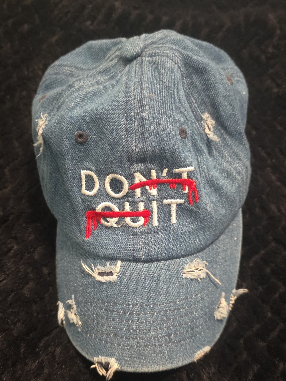 Men's Distressed Denim Baseball Cap – Blue "Don't Quit" Embroidered